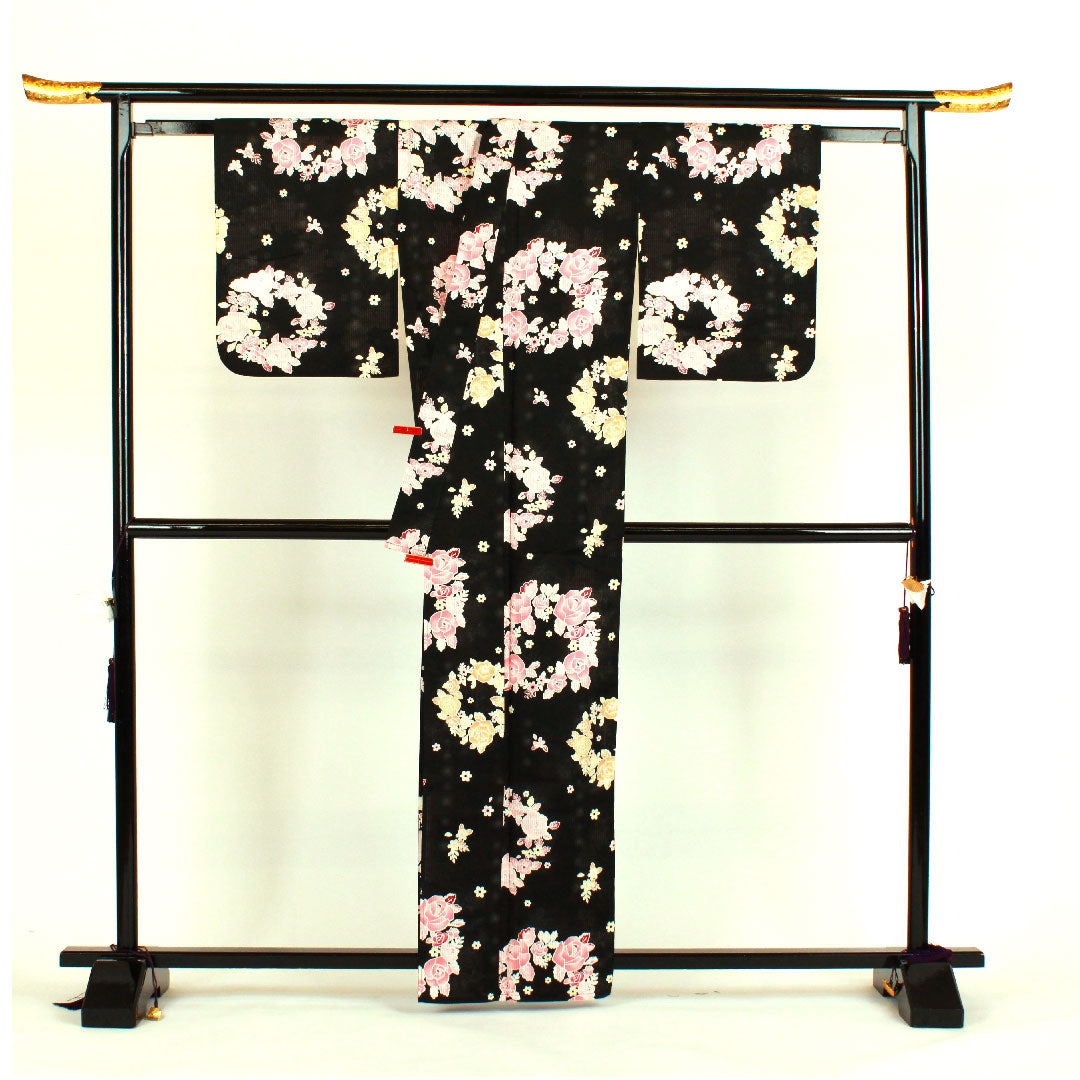 Yukata Rose Cotton S Rank Single Layer Length 163cm Sleeve Length 66cm Black 1118000382410