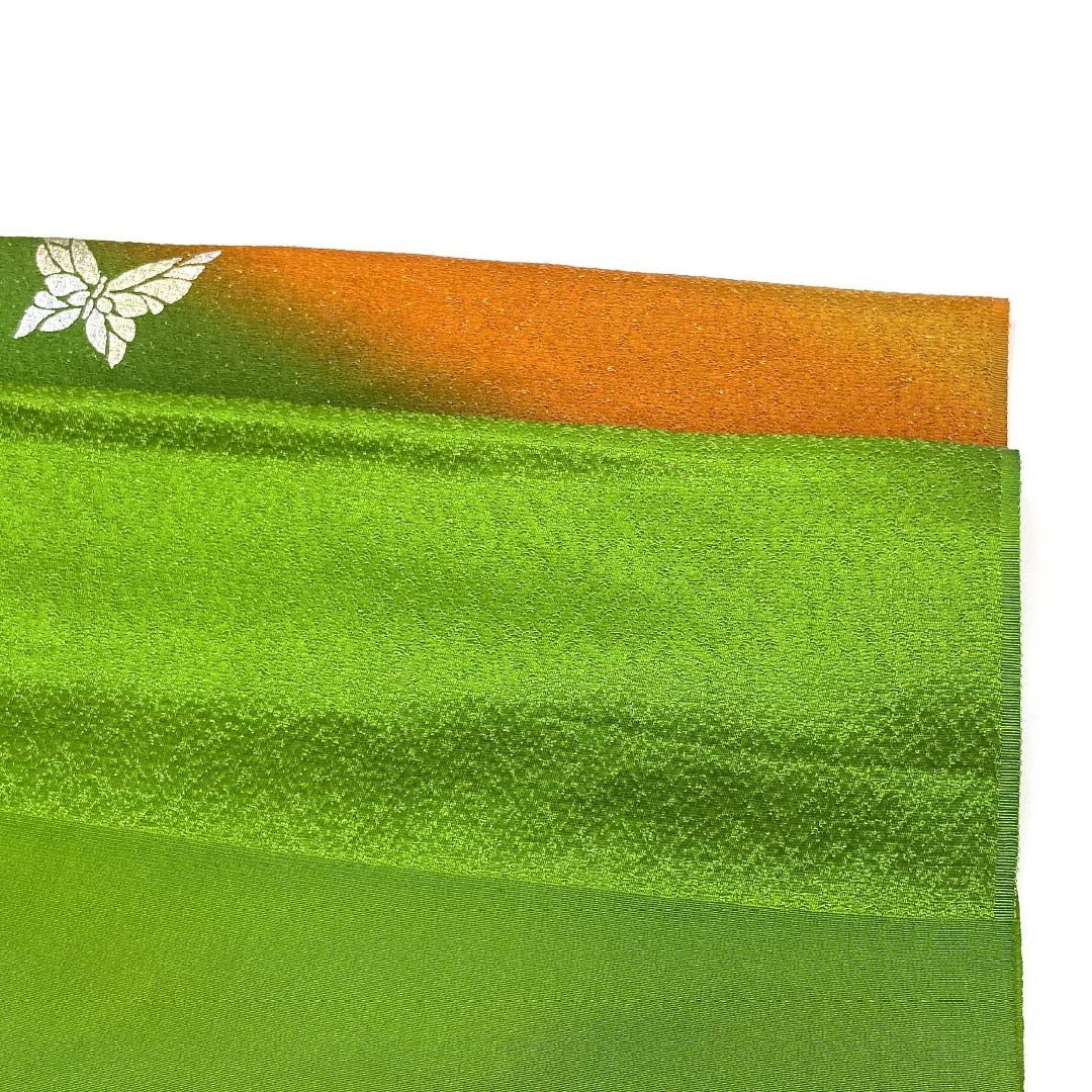 帯揚げ 正絹 Sランク セミフォーマル 柳緑色（りゅうりょくいろ） 黄丹色（おうにいろ） 蝶 箔 長さ約170cm 幅約28.5cm グラデーション系 1136004472999