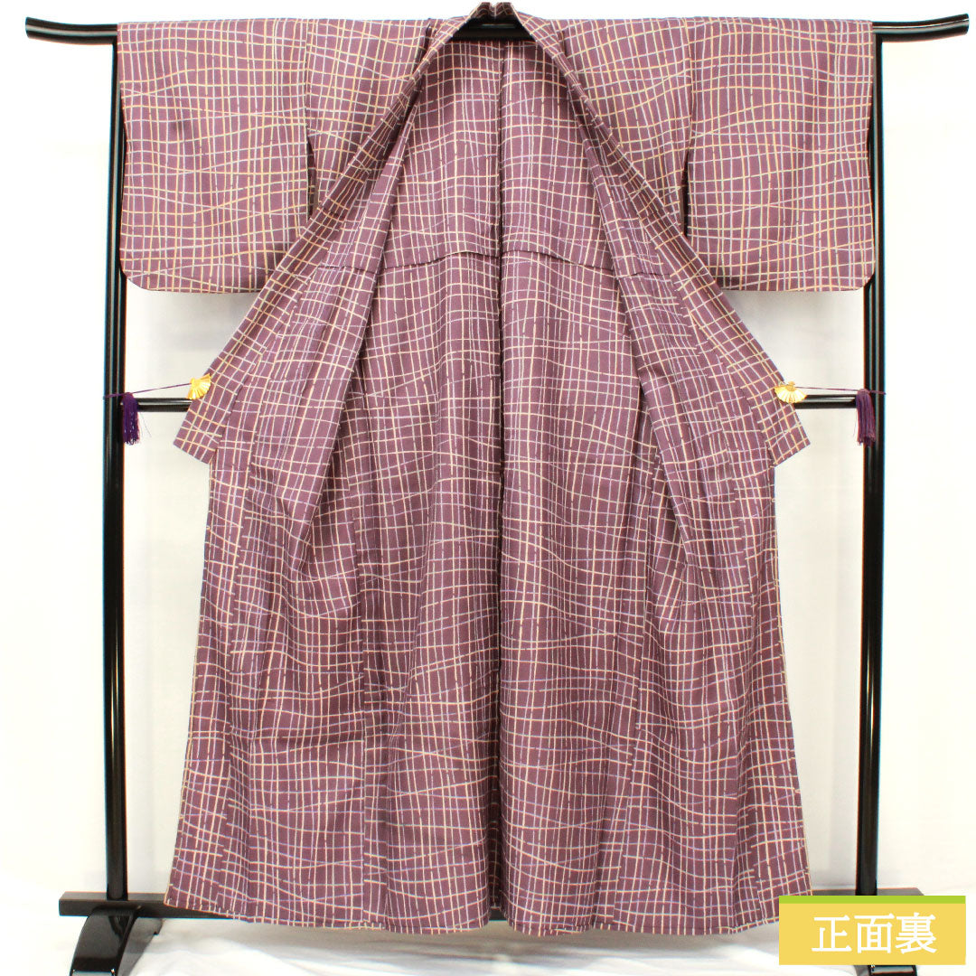 小紋 ポリエステル 身丈159cm 裄丈66cm 単衣 古代紫色（こだいむらさきいろ） 洗える着物 格子 Aランク 紫系 1115004863320
