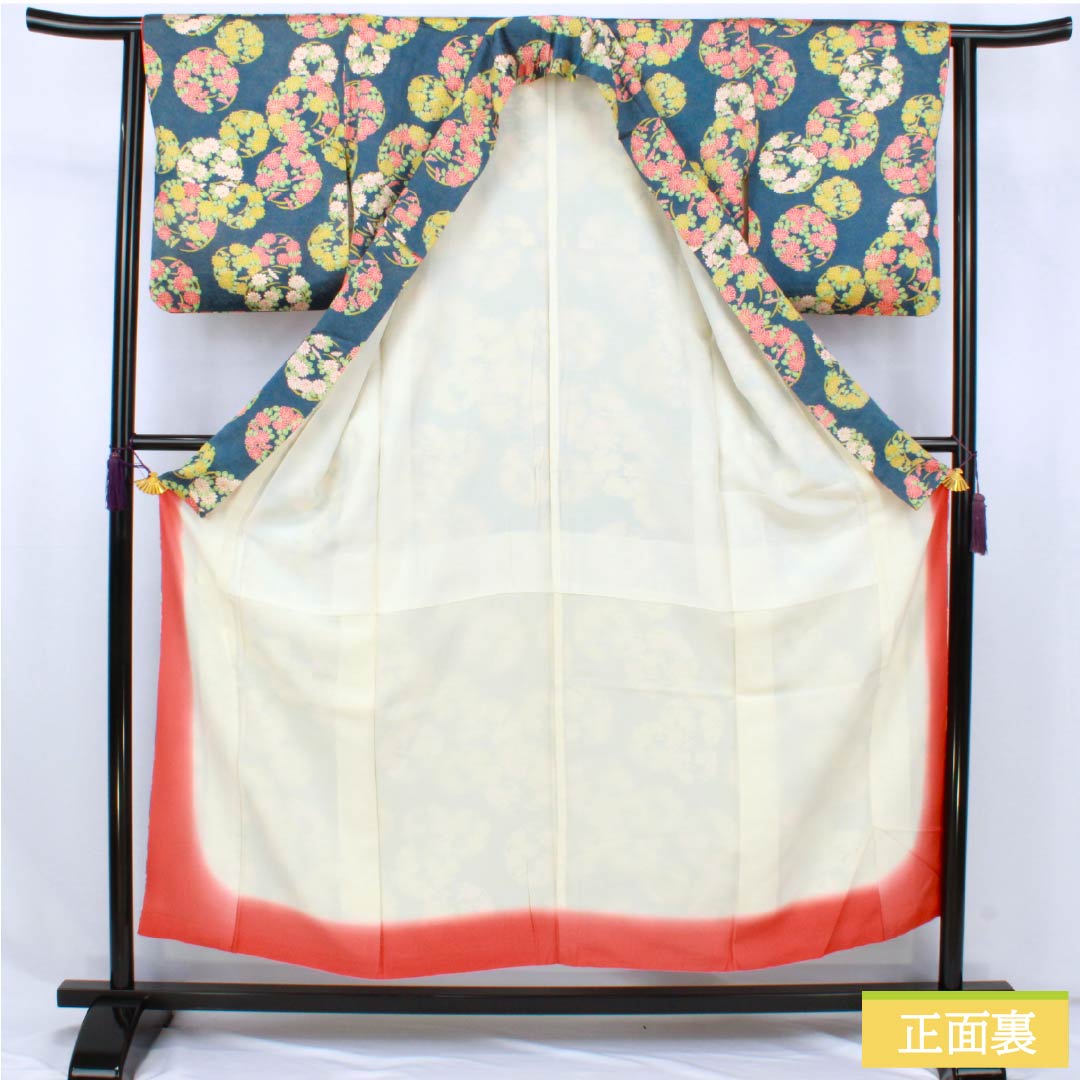 小紋 正絹 Aランク 身丈154cm 裄丈60cm 袷 紺色（こんいろ） 花丸紋 紺系 1115007693218