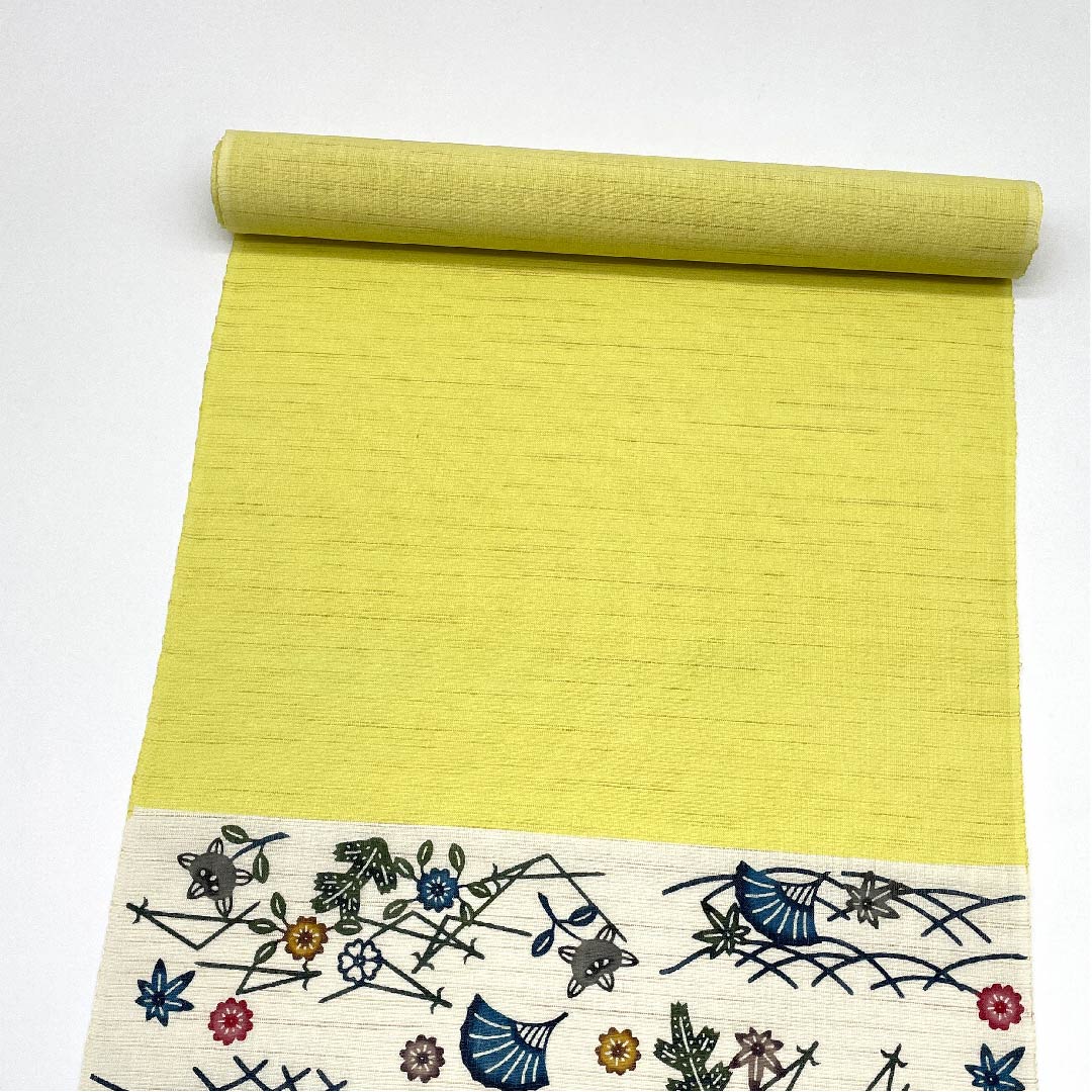 （未仕立）名古屋帯 正絹 白色 琉球紅型 橘 松 紅葉 帯丈520cm NEWランク 六通 カジュアル 白系 1124006351411