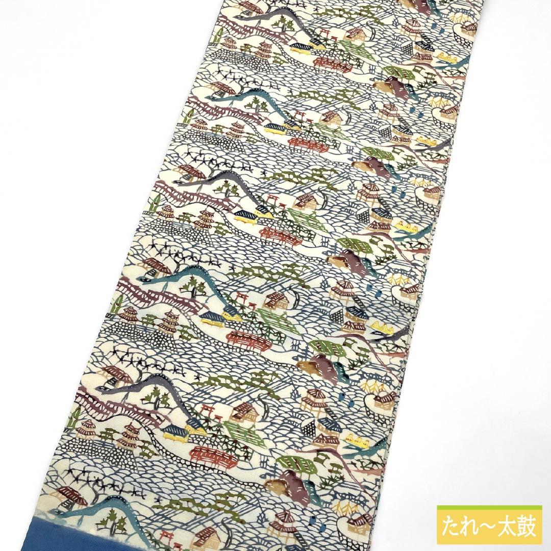 名古屋帯 正絹 Aランク 生成り色（きなりいろ） 型染 紅型調 風景模様 帯丈371cm 六通 カジュアル クリーム系 1124010593315 名古屋仕立て