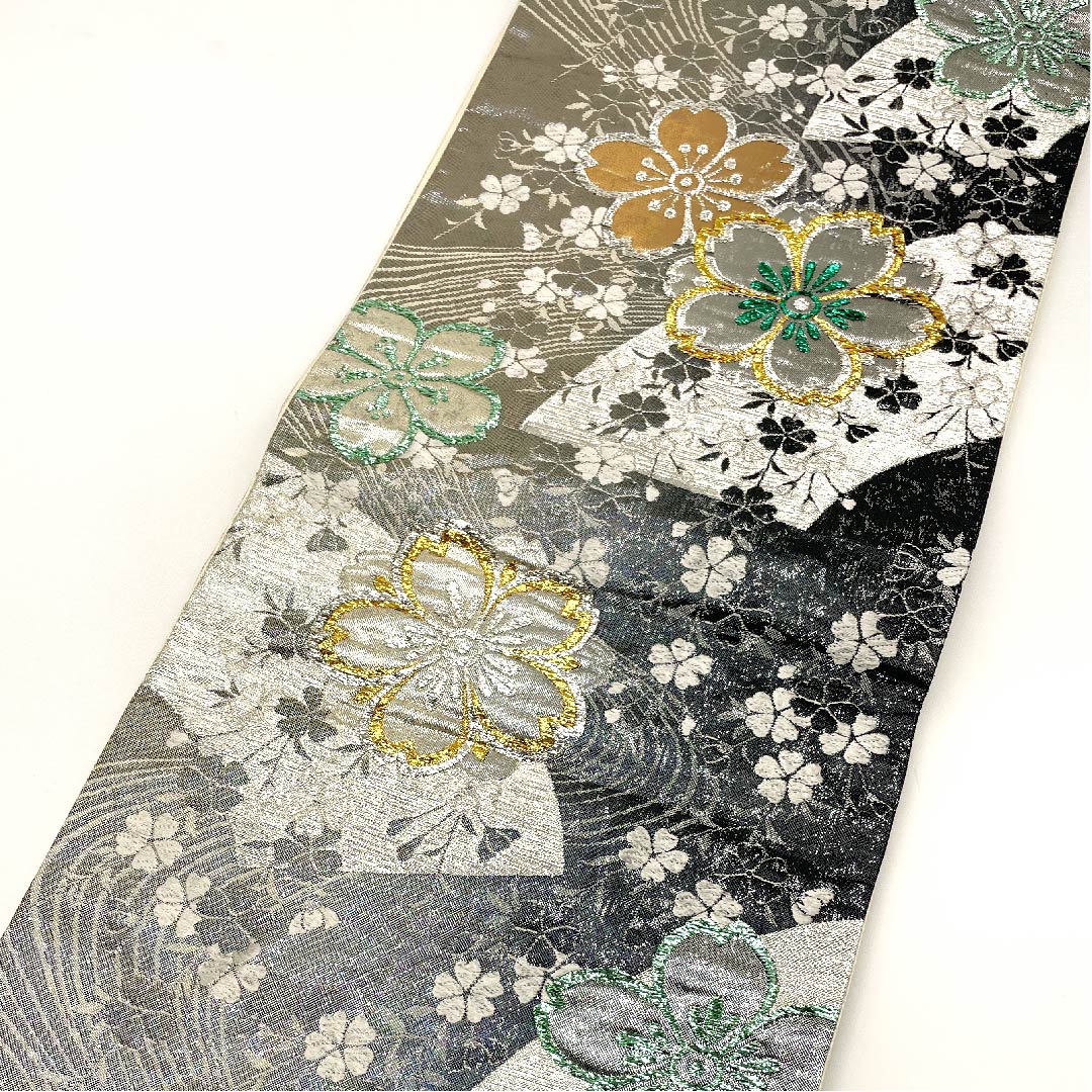 袋帯 シルバー色 桜 流水 振袖用 帯丈430cm 正絹 Sランク 六通 フォーマル 銀系 1123003032322