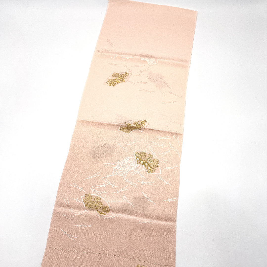 (Like New) Semi-Formal Silk Obiage (Otomeiro) with a Fan and Pine Design, Tango Chirimen Fabric, Length: Approx. 178cm, Width: Approx. 29cm, Pink, Product Number: 1136001211913
