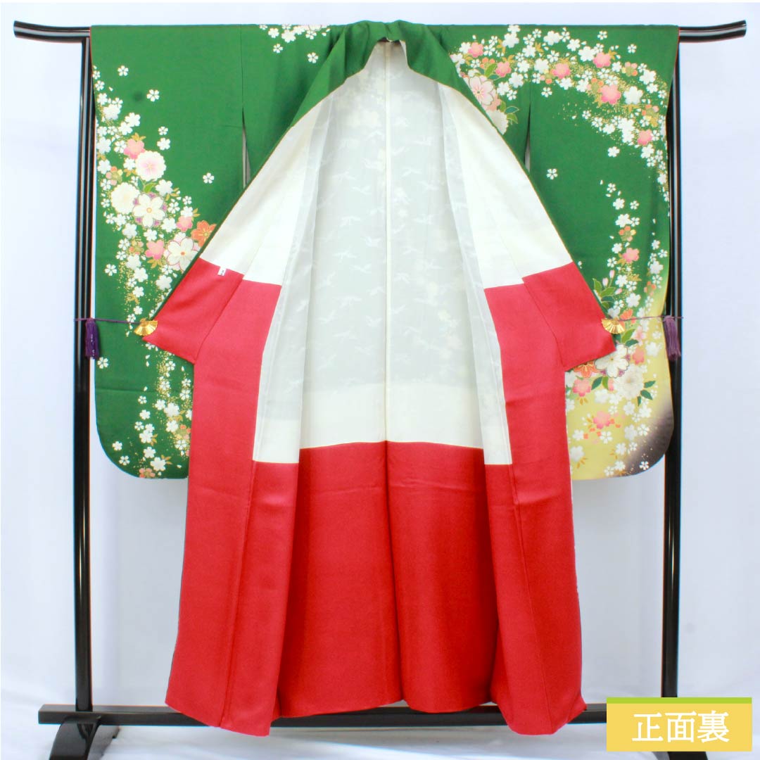 振袖 正絹 Sランク 身丈153cm 裄丈62.5cm 袷 緑茶色（りょくちゃいろ） 京友禅 桜 草花 パールトーン加工 緑系 1113002142219
