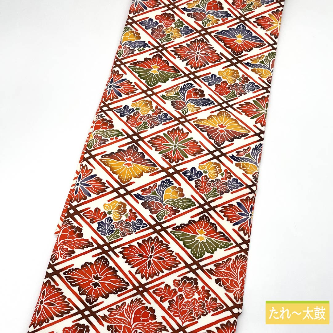 名古屋帯 型染 紅型調模様 繋ぎ菱 帯丈359cm 正絹 Aランク 全通 カジュアル 白系 1124006573311 名古屋仕立て