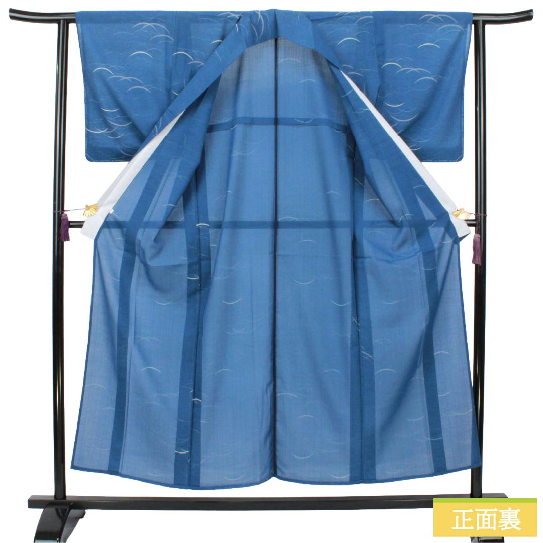 夏物 ポリエステル 小紋 Sランク 身丈153.5cm 裄丈61.5cm 露草色（つゆくさいろ） 洗える着物 露芝 紗 青系 1132005602217