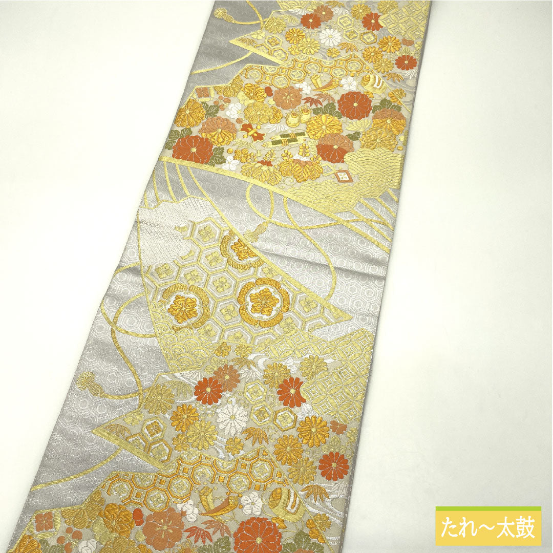 Fukuro obi, pure silk, A rank, Meikin Shiho, Nishijin-ori, auspicious patterns, obi length 430cm, rokutsu, formal, silver, 1123017413322
