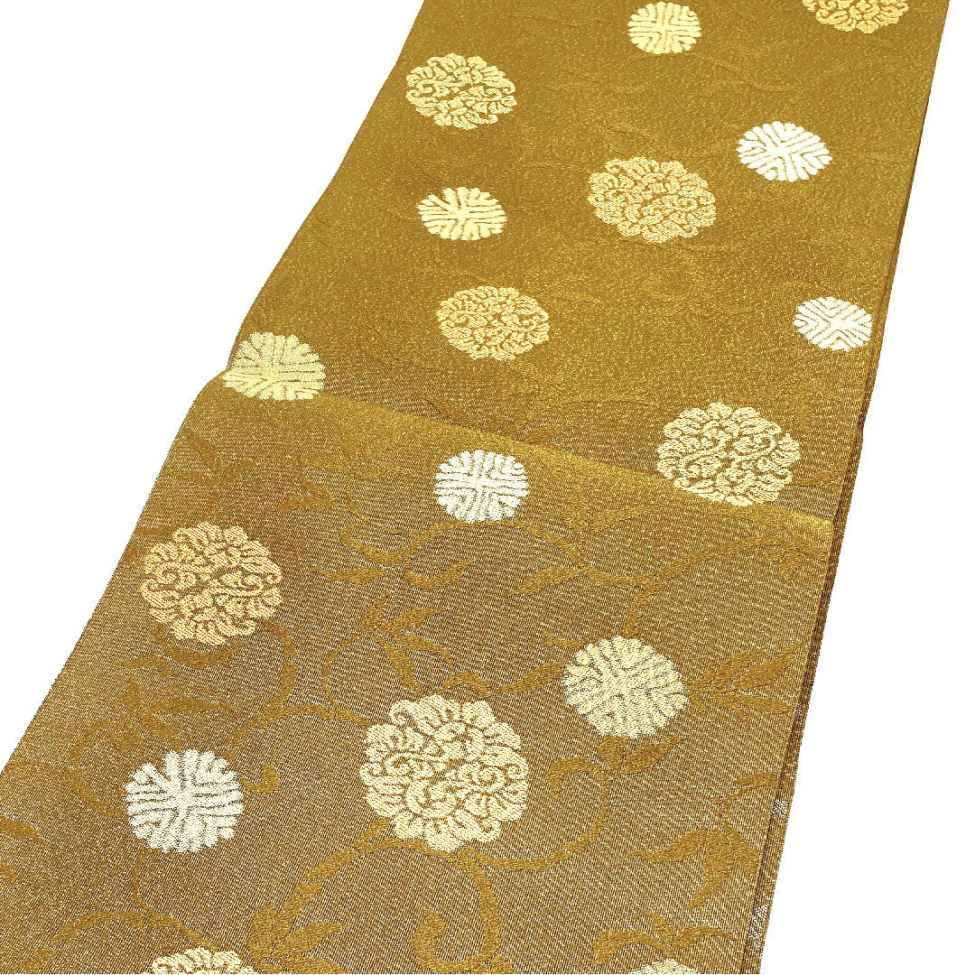 （未仕立）名古屋帯 松葉丸紋 帯丈368cm 正絹 NEWランク 六通 セミフォーマル 黄系 1124001281323