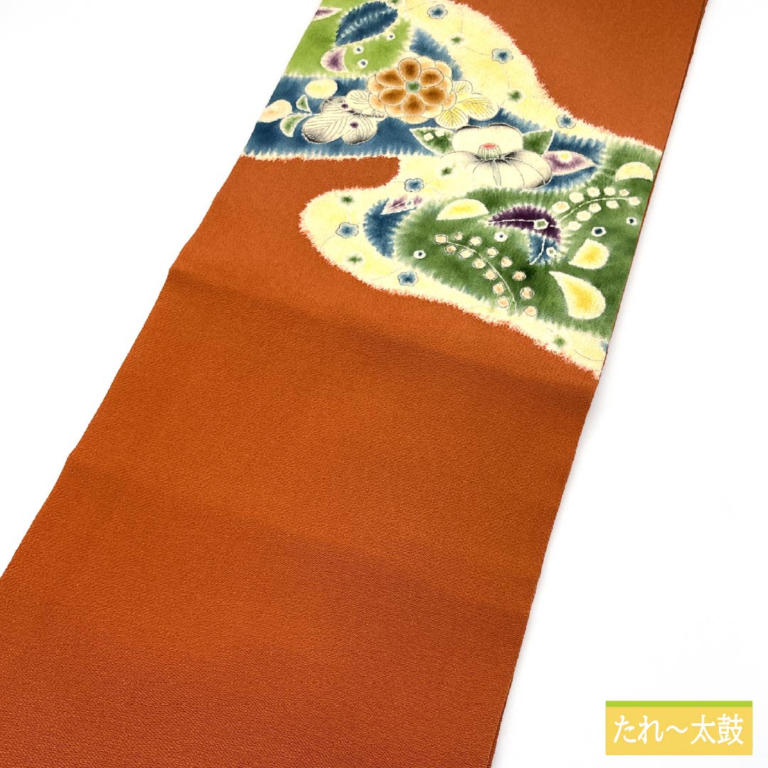 名古屋帯 赭色（そおいろ） ちりめん地 辻ヶ花 帯丈362cm 正絹 Aランク ポイント柄 セミフォーマル 橙系 1124008043326 名古屋仕立て