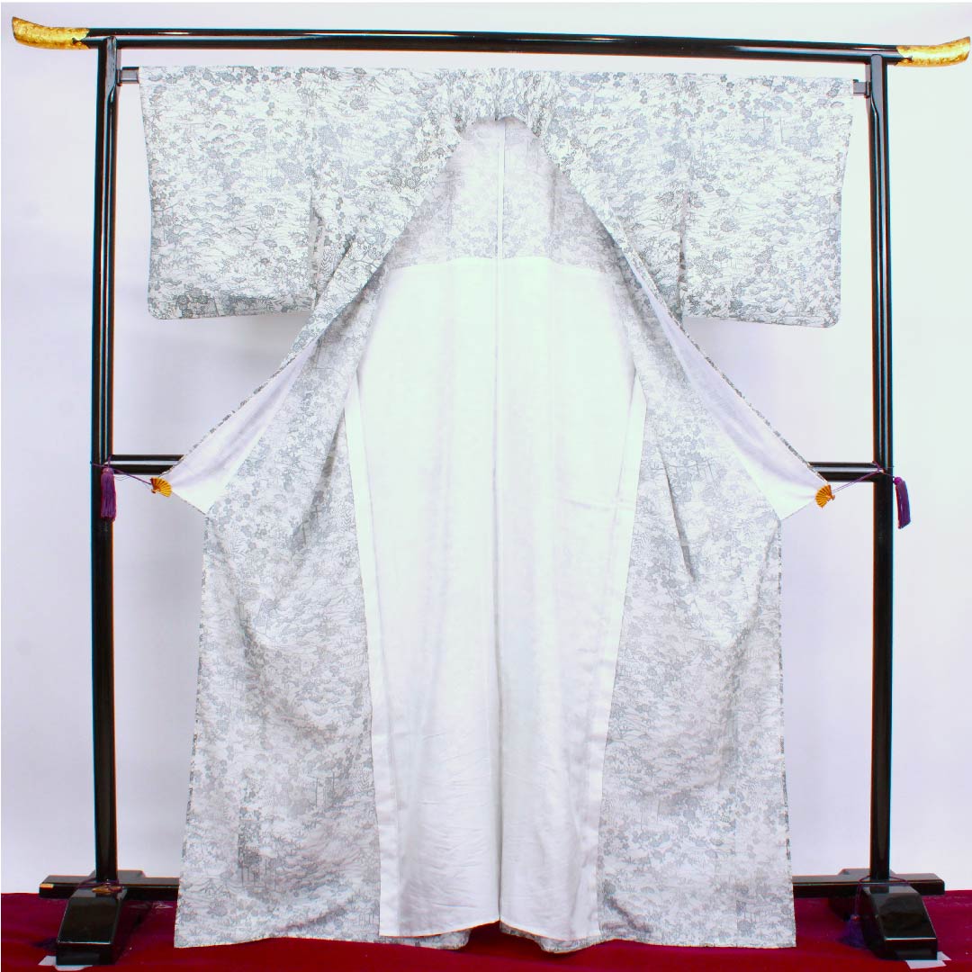 夏物 ポリエステル 小紋 身丈168.5cm 裄丈67.5cm 白色 茶屋辻 松竹梅 流水 絽 Aランク 白系 1132000023511