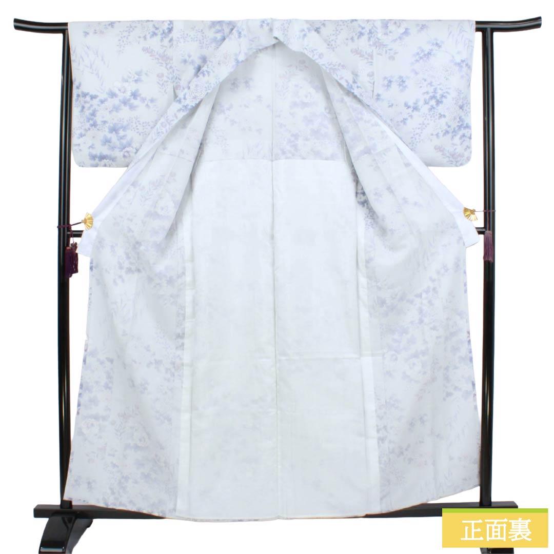 小紋 ポリエステル Sランク 身丈159cm 裄丈63cm 単衣 洗える着物 草花模様 居敷当て付き 水色系 1115008082324