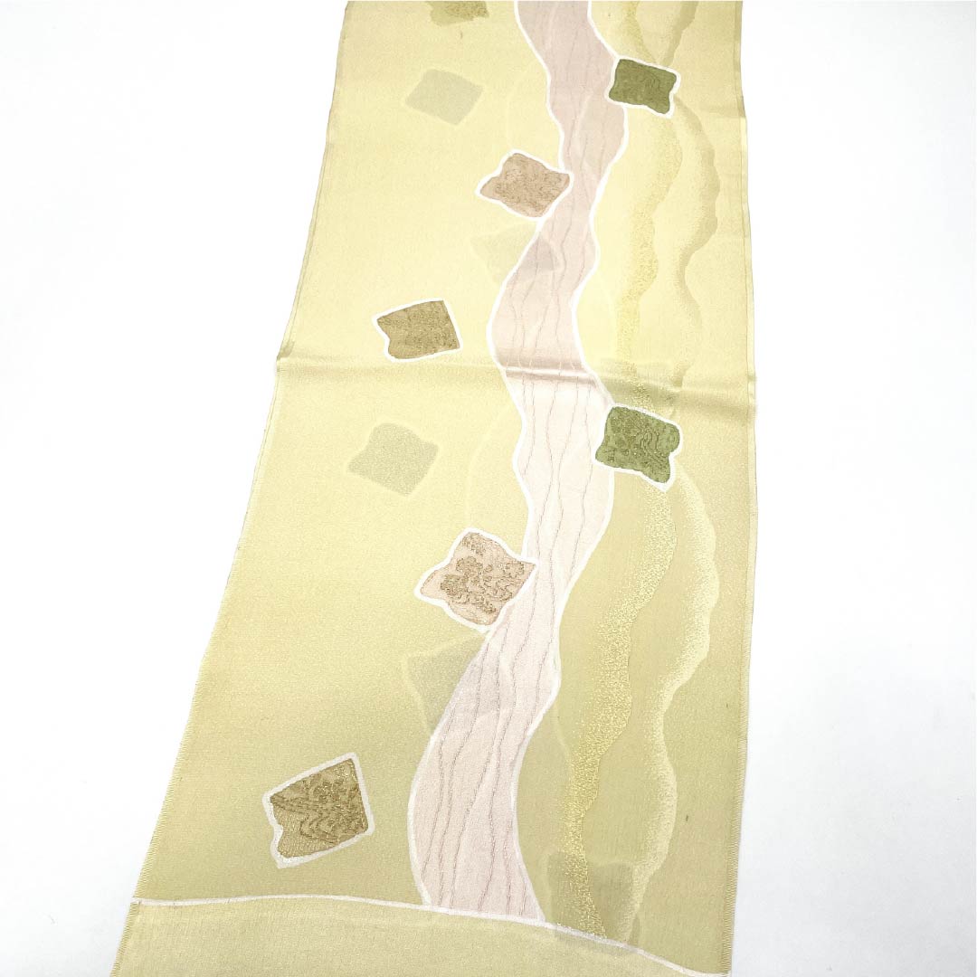 Semi-formal obiage (sash sash), pure silk, S-rank, Gyoshikou-iro (fish roe yellow) pattern, classic pattern, colored paper, cream-colored, approximately 176cm long and 30cm wide, product number 1136002072915