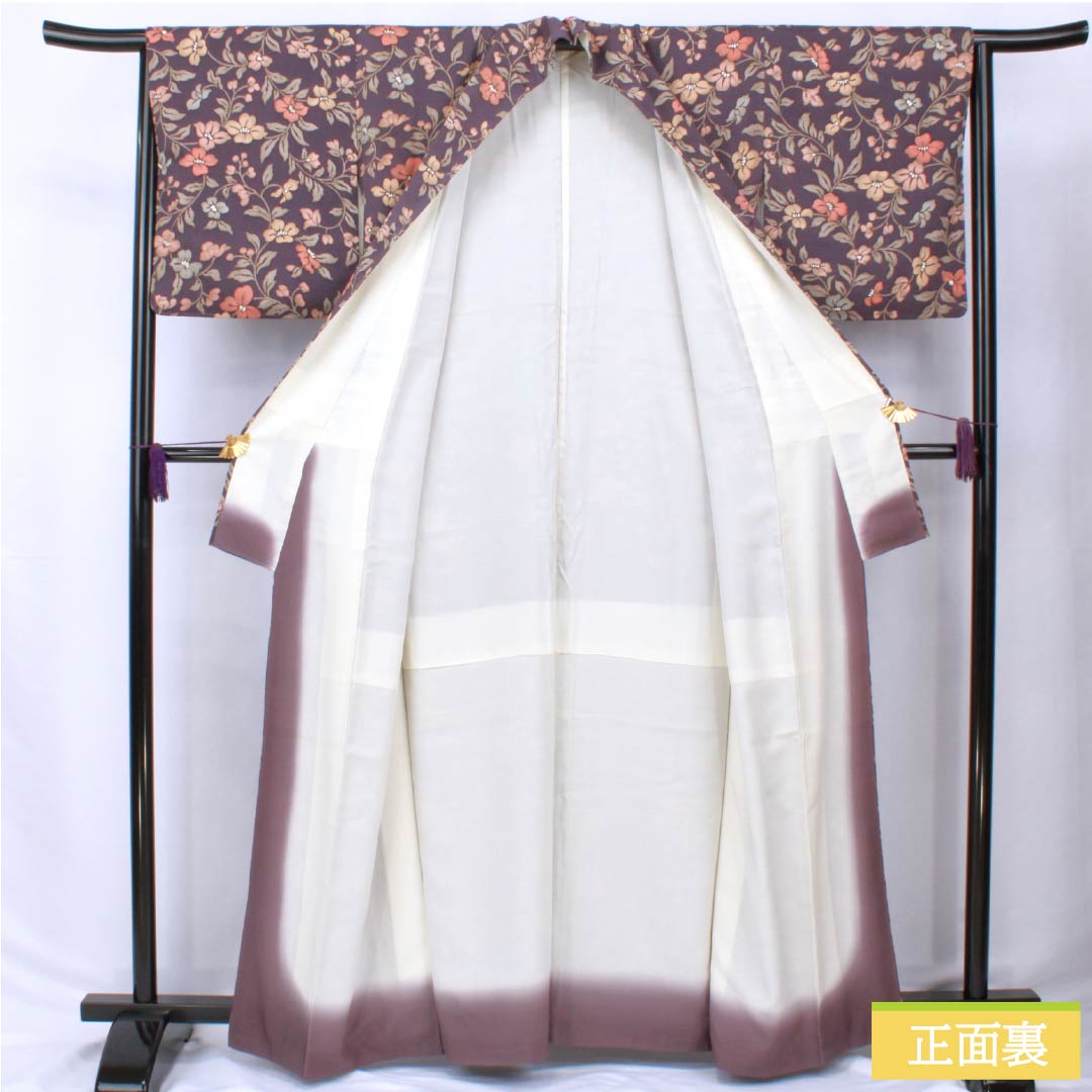 小紋 正絹 身丈162cm 裄丈64cm 袷 深紫色（ふかきむらさきいろ） 紗綾形 草花模様 Sランク 紫系 1115005972420