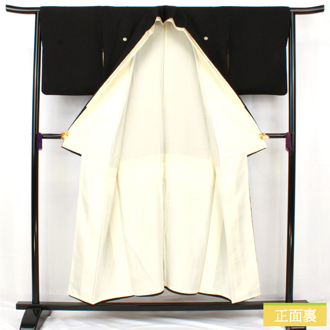Black formal kimono, pure silk, length 150cm, sleeve length 64cm, lined, Kyoto yuzen, folding screen, flowing water, five crests, five-three paulownia, S rank, black, 1111001742110
