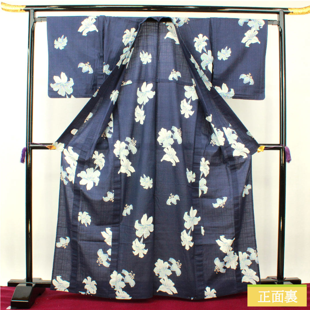 Yukata Cotton Length 166cm Sleeve length 64.5cm S rank Single layer Navy blue Smoke color Casablanca 1118005142518