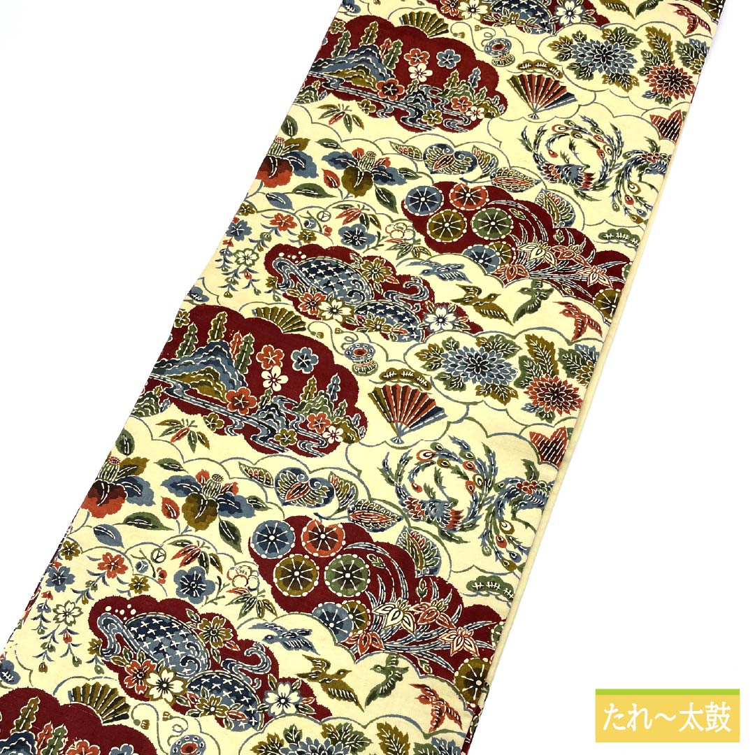 名古屋帯 牙黄色（げおういろ） 京紅型 雲取り 花模様 帯丈348cm 正絹 Sランク 六通 カジュアル クリーム系 1124007642315 名古屋仕立て
