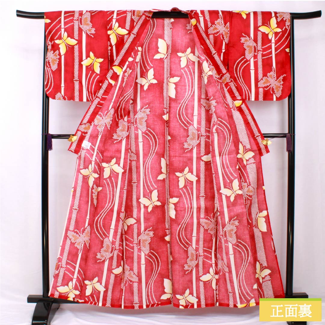 Yukata Cotton Length 160cm Sleeve length 64cm S rank Single layer Red Crimson Butterfly Bamboo 1118005532412