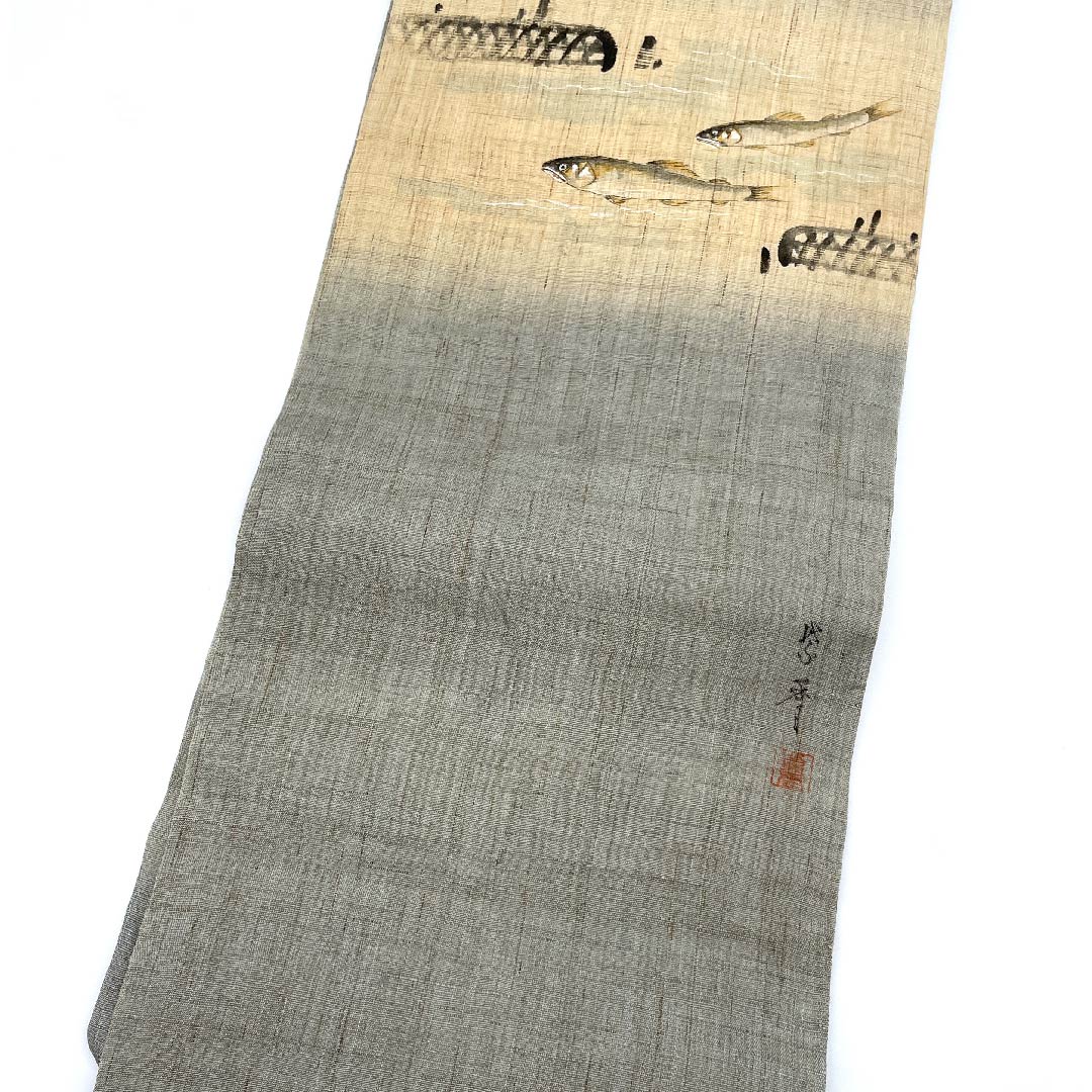 名古屋帯 魚 紬地 作家物 染帯 帯丈367cm 正絹 Aランク ポイント柄 カジュアル グレー系 1124005003322  名古屋仕立て