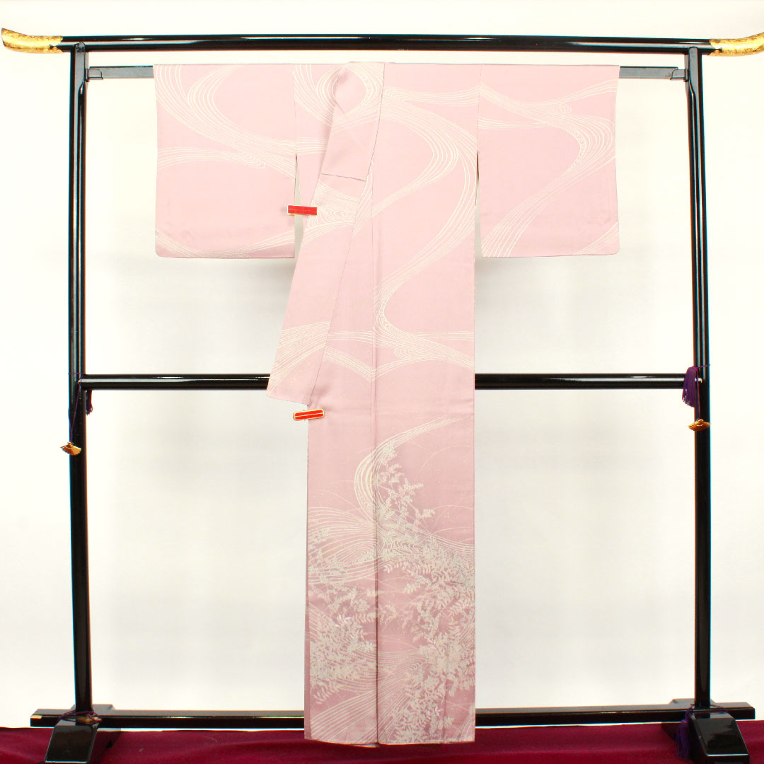 訪問着 袷 身丈157.5cm 裄丈62.5cm 退紅色 流水 草花模様 正絹 Aランク ピンク系 1112002183313