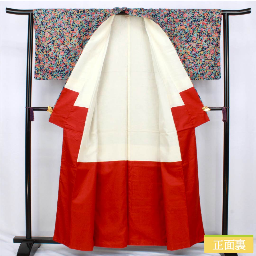 小紋 正絹 Sランク 身丈159cm 裄丈63cm 袷 紺色（こんいろ） 紬地 更紗 しつけ糸付き 紺系 1115007542318