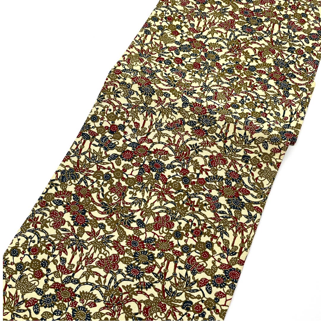 名古屋帯 麹色 花模様 蝶 型染 帯丈370cm 正絹 Sランク 全通 カジュアル クリーム系 1124003582315  名古屋仕立て