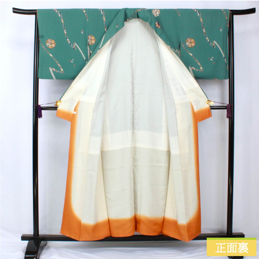 小紋 正絹 身丈152.5cm 裄丈64.5cm 袷 山藍摺色（やまあいずりいろ） 型染 熨斗 花柄 スコッチガード Bランク 緑系 1115005484219