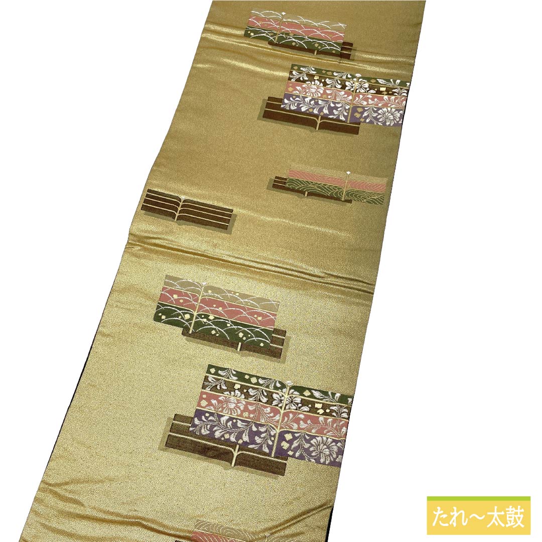 袋帯 正絹 Aランク 金色（きんいろ） 抽象模様 優美 入卒式  帯丈428cm 六通 セミフォーマル 金系 1123018543321