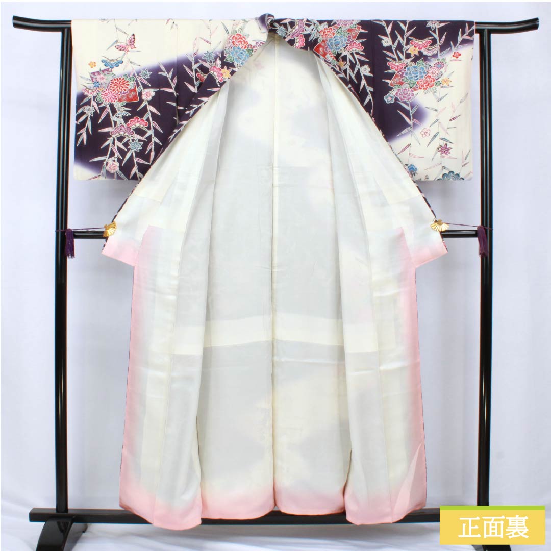 訪問着 正絹 Aランク 袷 身丈155.5cm 裄丈62cm 深紫色（ふかきむらさきいろ） 京紅型 松竹梅 蝶 扇面 菊 紫系 1112006403320