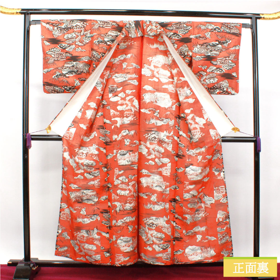 Komon, pure silk, length 157.5cm, sleeve length 65cm, single layer, ochre, stencil dyeing, Chayatsuji, S rank, brown, 1115003922314