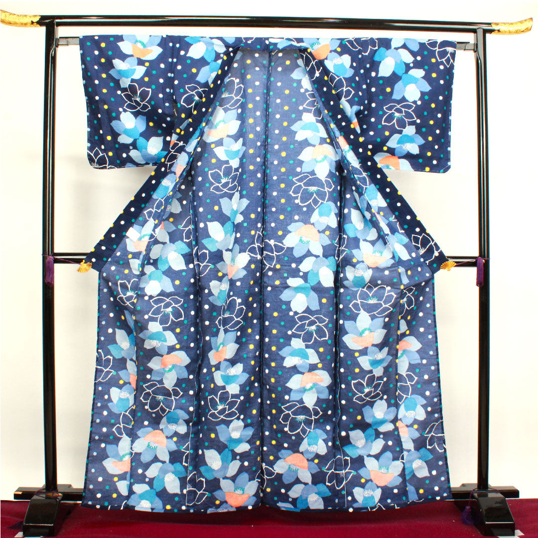 浴衣 MICHIKOLONDON しつけ糸付き 未使用品 濃紺色 山茶花 木綿 Sランク 単衣 身丈163.5cm 裄丈65cm 紺系 1118002602418