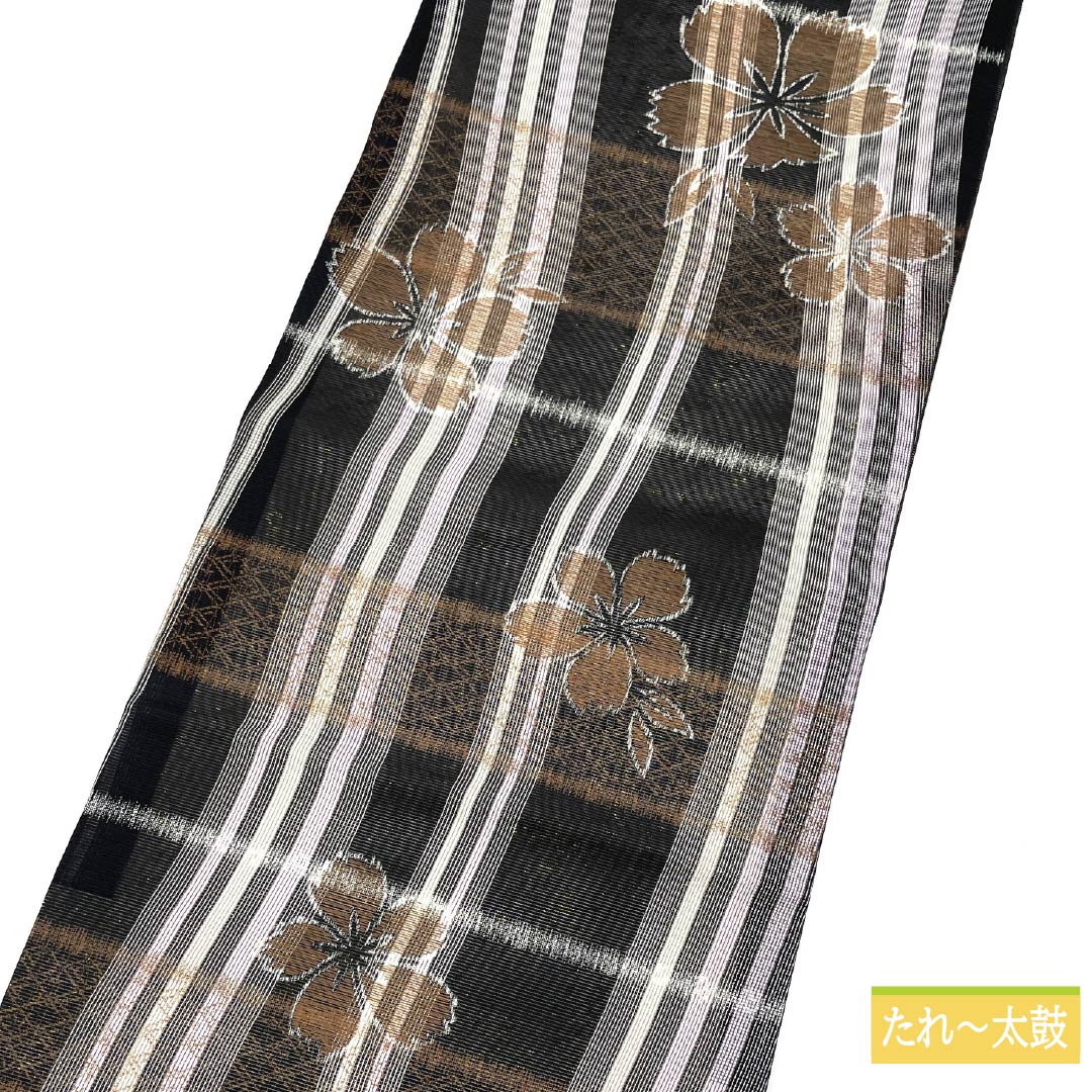 名古屋帯 正絹 リバーシブル 格子 桜 夏帯 帯丈370cm Sランク 全通 セミフォーマル 黒系 1124006802310 開き仕立て