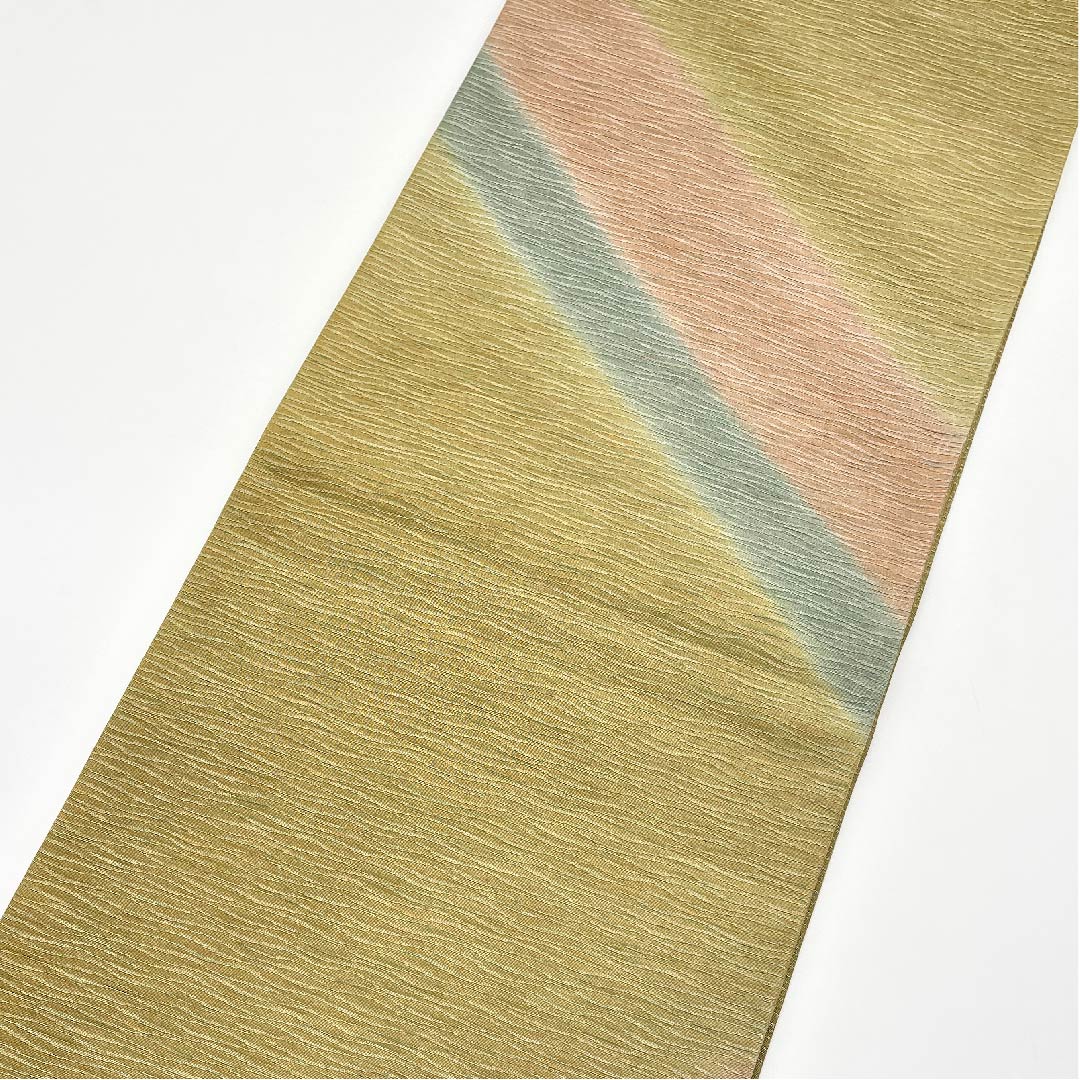 袋帯 黄海松茶色（きみるちゃいろ） 金彩 染め帯 帯丈444cm 正絹 Aランク ポイント柄 セミフォーマル 緑系 1123005413319