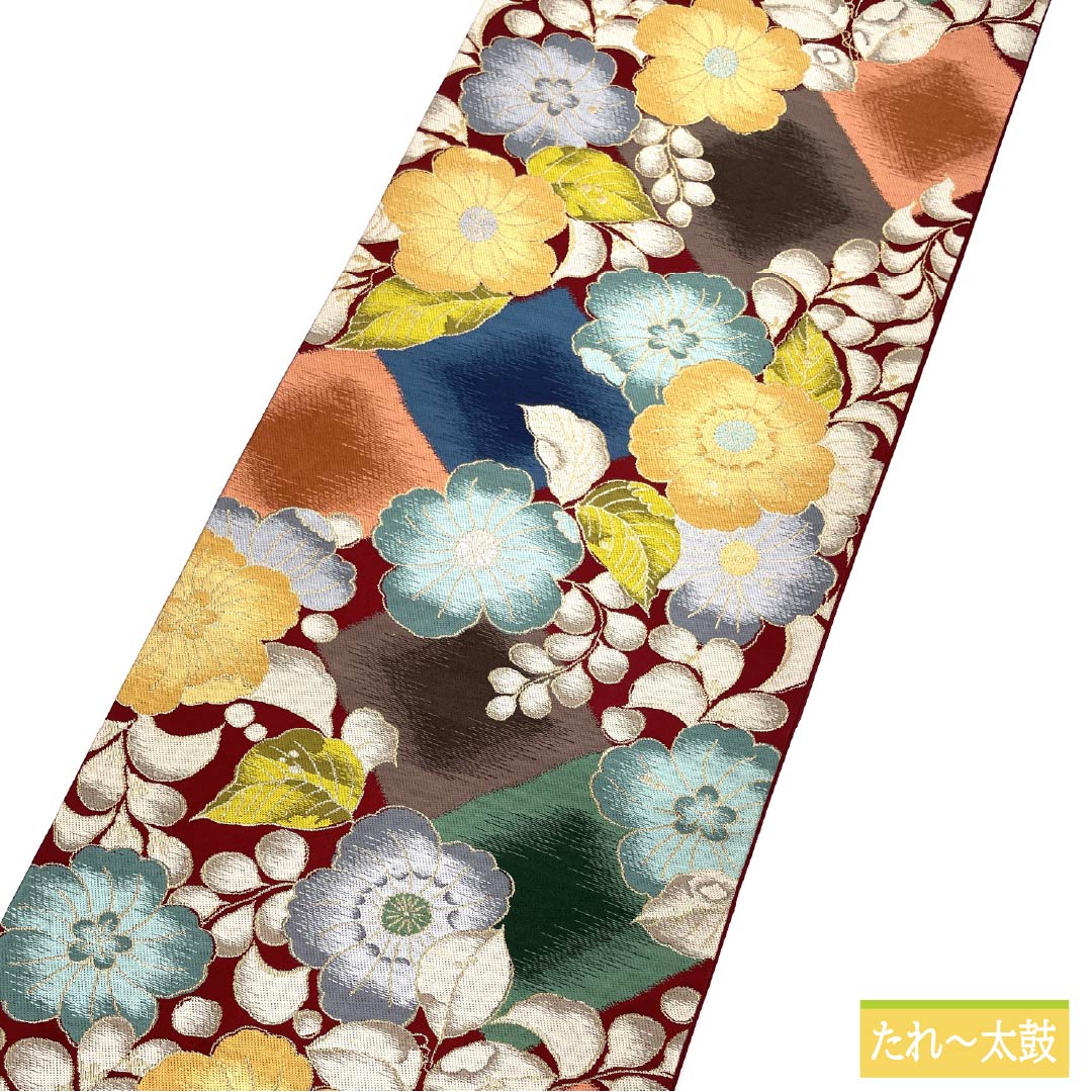 袋帯 正絹 深緋色（ふかきあけいろ） 振袖用 白綾苑大庭 花模様 留袖用 帯丈426cm Aランク 六通 フォーマル 朱系 1123013873316
