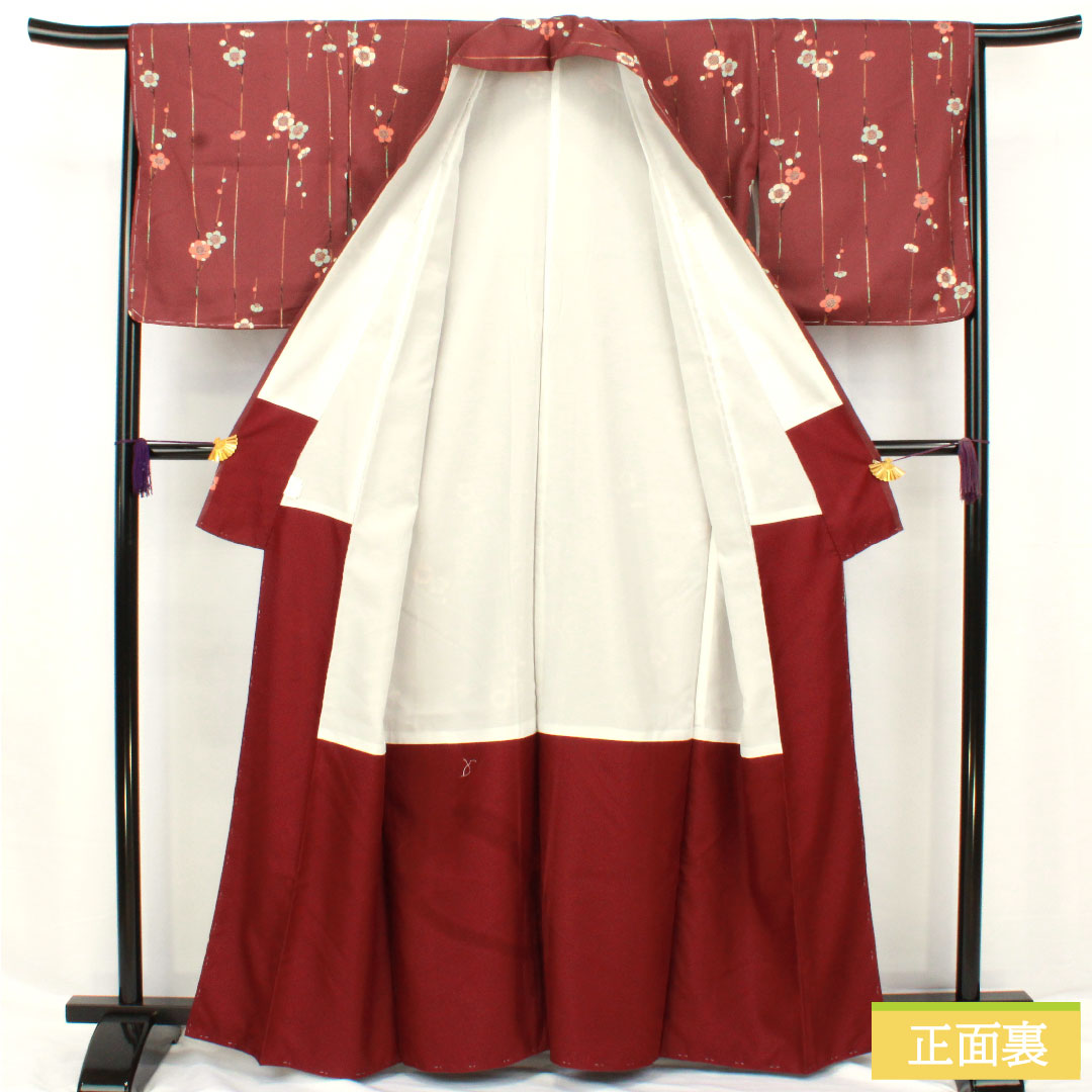 小紋 ポリエステル 身丈162cm 裄丈65.5cm 袷 紫土色（しどいろ） 洗える着物 梅 しつけ糸付き Aランク 紫系 1115004853420