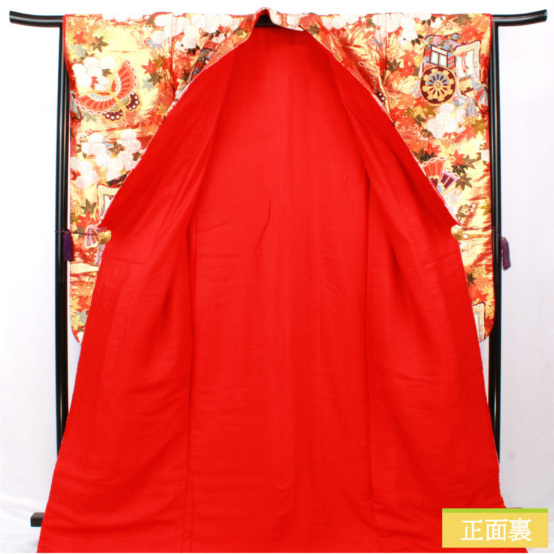 色打掛 正絹 Aランク 身丈184cm 裄丈60.5cm 唐織 蝶 草花模様 袷 朱系 1110001003916