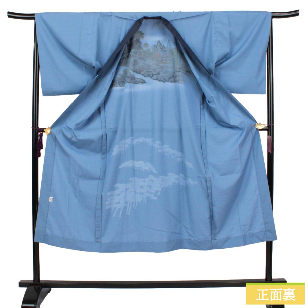 メンズ襦袢 ポリエステル Aランク 身丈142cm 裄丈69cm 朧花色（おぼろはないろ） 風景画 単衣 青系 1140000863417