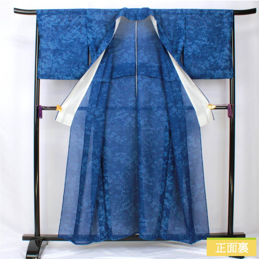 夏物 正絹 小紋 身丈157cm 裄丈65cm 紺桔梗色（こんききょういろ） 京紅型 草木染 五泉 絽 Aランク 紺系 1132002123318
