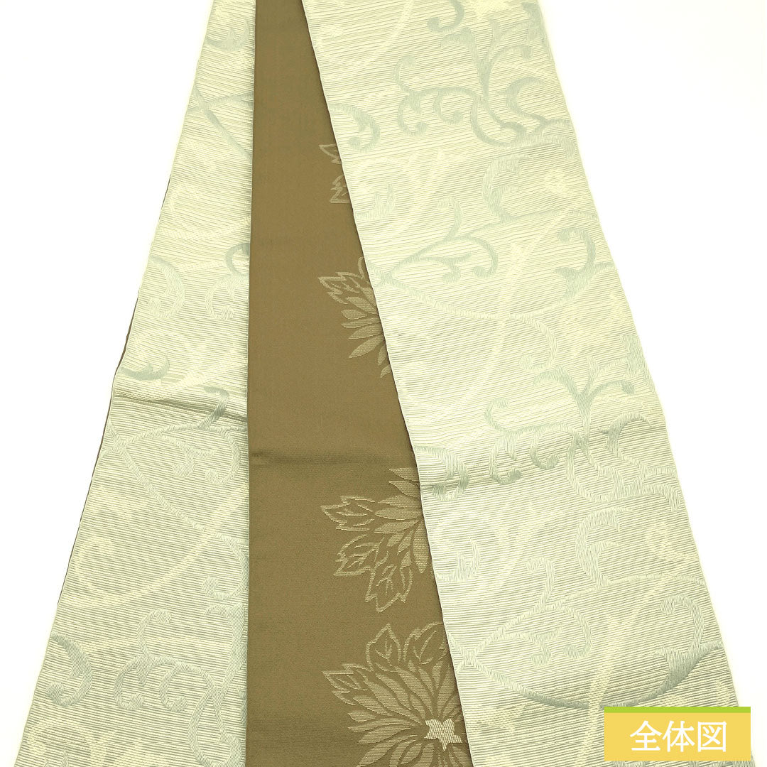 (New) Half-width obi, polyester, NEW rank, white-green (byakuryoku-iro) and rust Rikyu-iro, vine pattern, floral pattern, reversible, obi length 400cm, blue tones 1125002601417