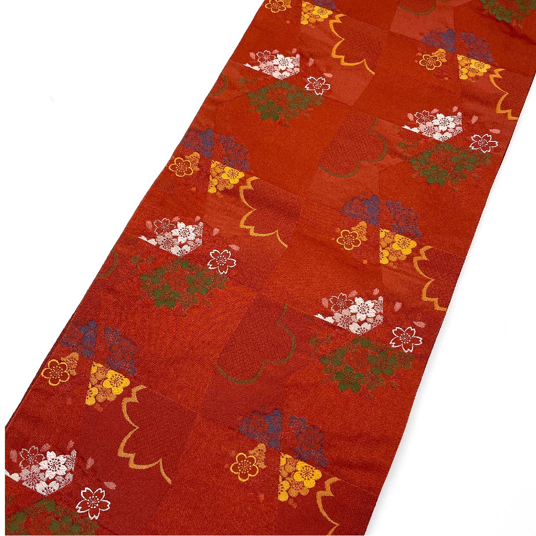 名古屋帯 京袋帯 生臙脂色 梅 桜 変わり市松 帯丈386.5cm ポリ Sランク 全通 セミフォーマル 朱系 1124003282316  開き仕立て
