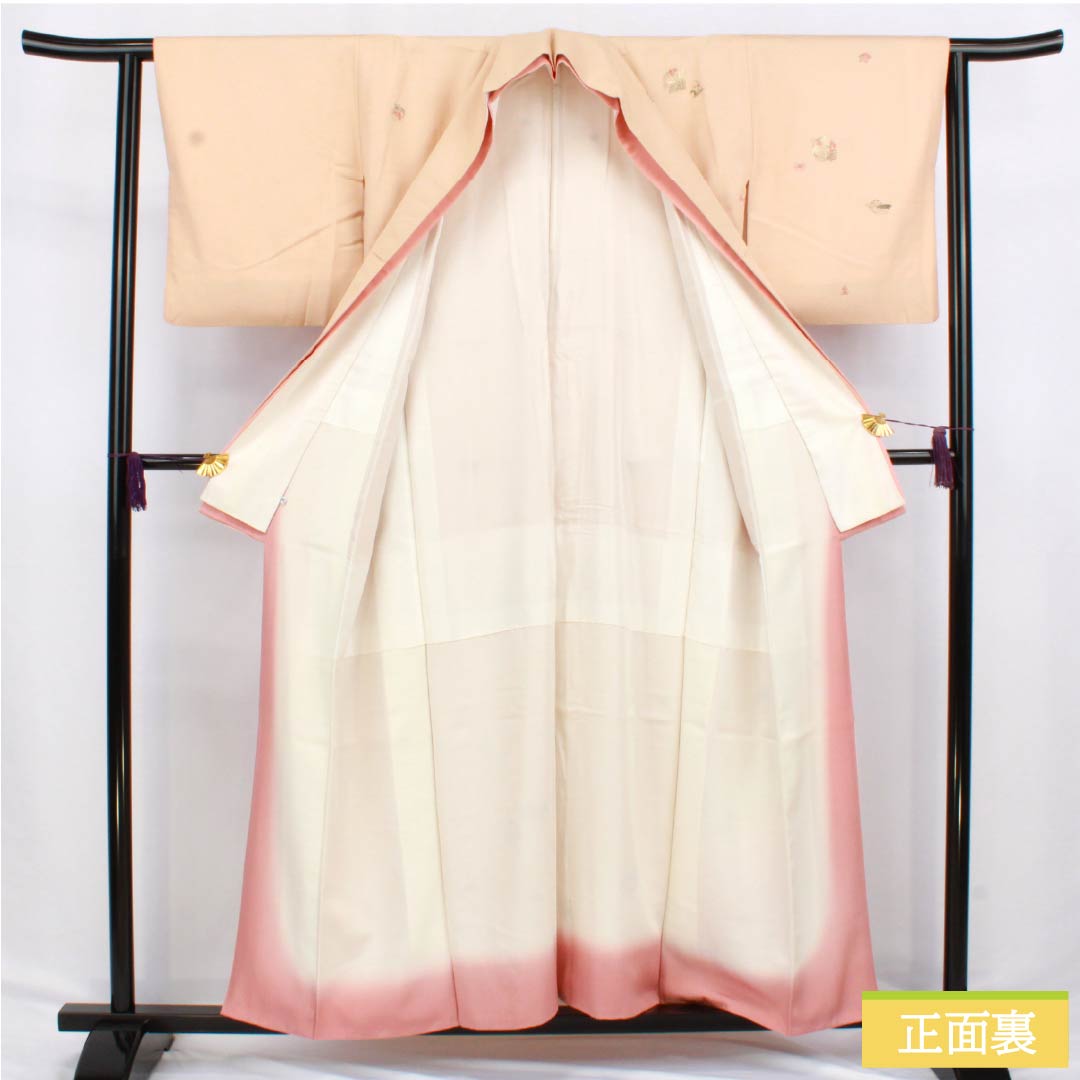 訪問着 正絹 Sランク 袷 身丈155cm 裄丈58cm 薄肉色（うすにくいろ） 縫い紋 下り藤 刺繍 重ね衿付き 草花 橙系 1112006242326