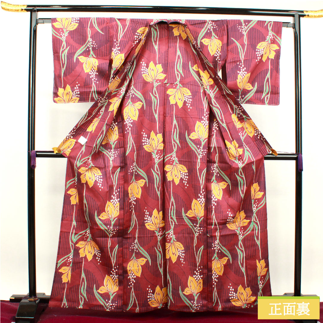 浴衣 木綿 身丈163cm 裄丈66cm Bランク 単衣 赤系 葡萄酒色（ぶどうしゅいろ） 抽象花 1118004774412