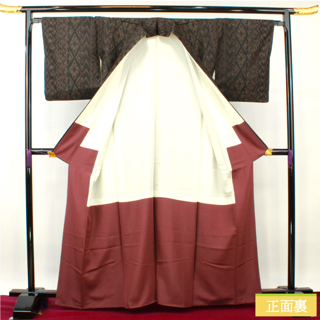 Tsumugi silk Length 164.5cm Sleeve length 66.5cm Geometric pattern Super Finger Guard S rank Awase Black 1116003192410