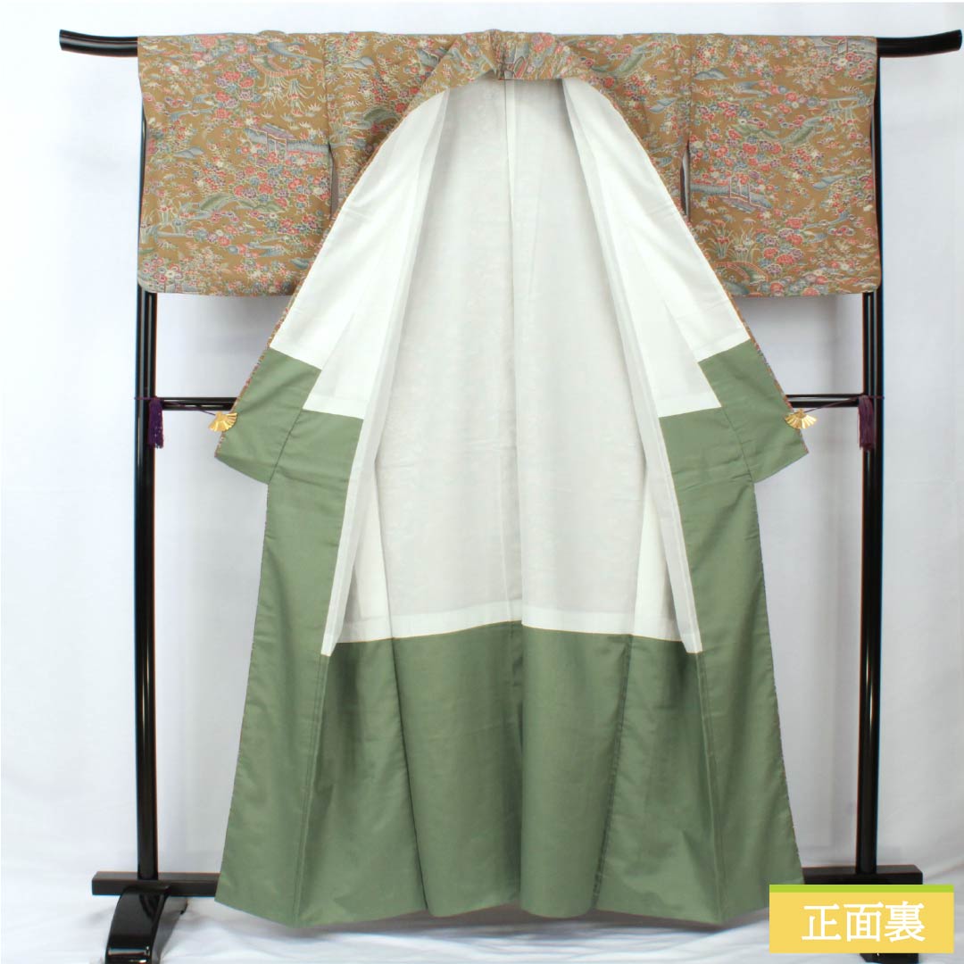 小紋 ポリエステル 身丈161cm 裄丈67cm 袷 桑染色（くわぞめいろ） 古典柄 洗える着物 Sランク 茶系 1115005822414