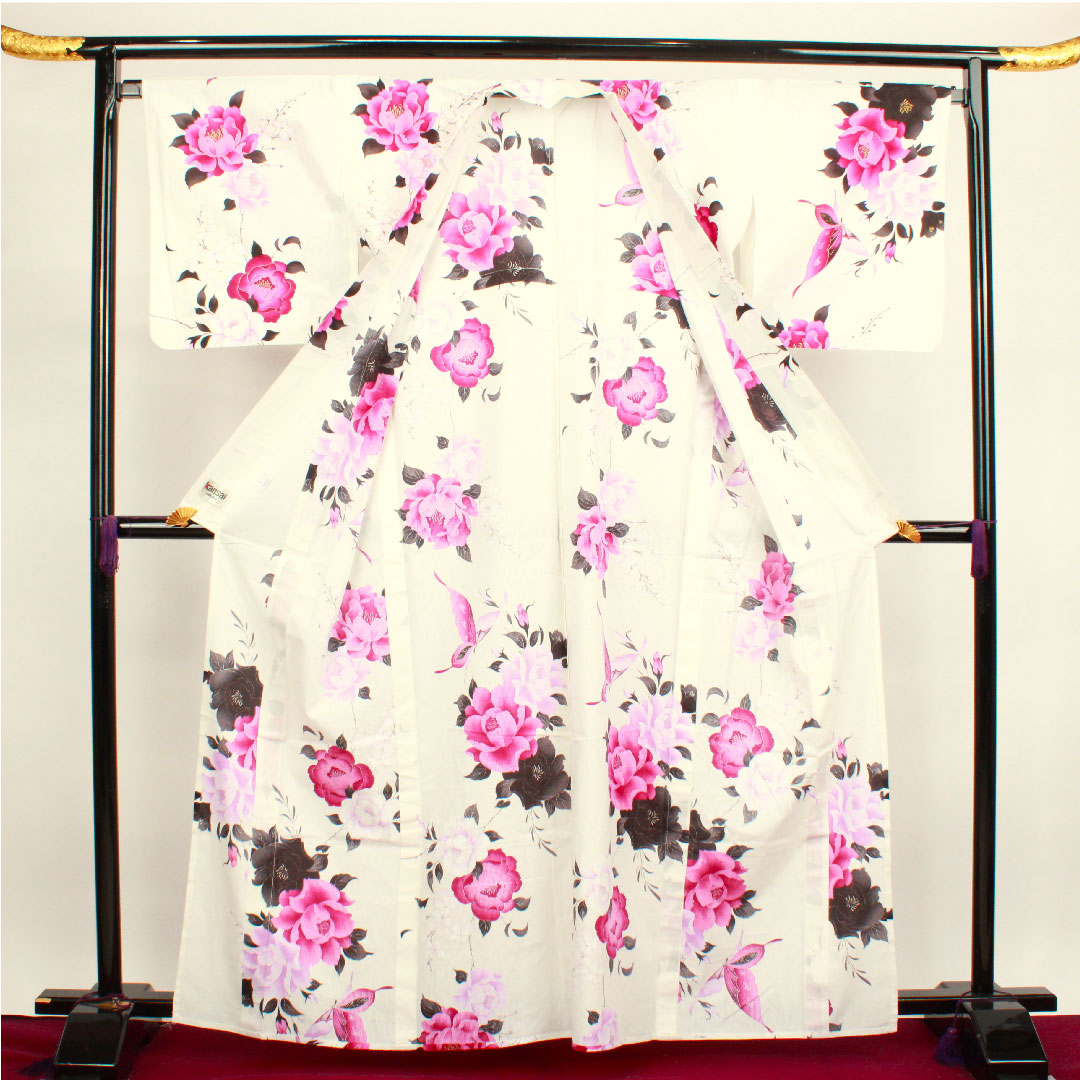 浴衣 蝶 薔薇 山本寛斎 Kansai 木綿 Sランク 単衣 身丈162.5cm 裄丈68.5cm 白系 1118001842411