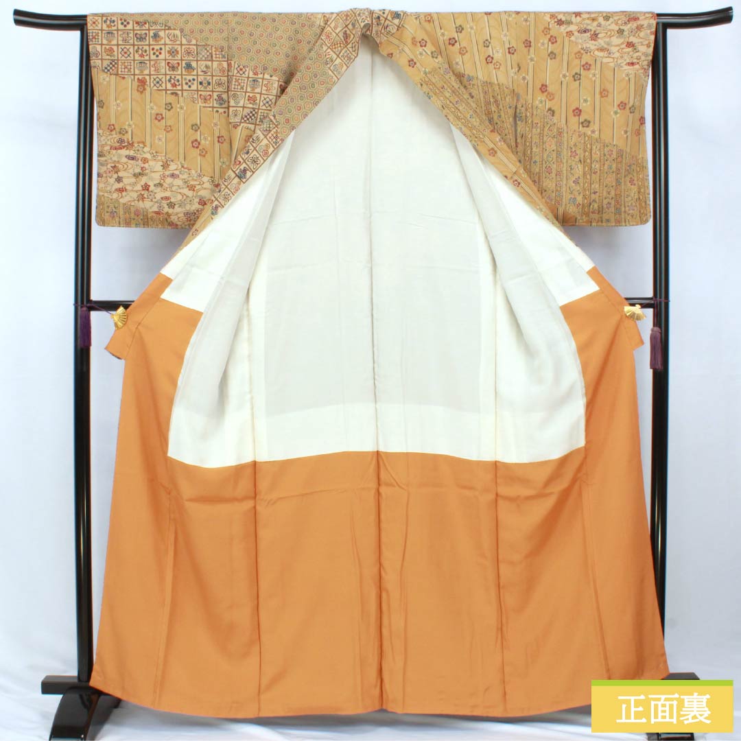 Homongi Silk Rank S Awase Kimono, Height 161.5cm, Sleeve-to-sleeve 64.5cm, Taupe, Wheat Color, Kyo Yuzen Katazome, Genso, Classic Pattern, Beige, 1112007622425