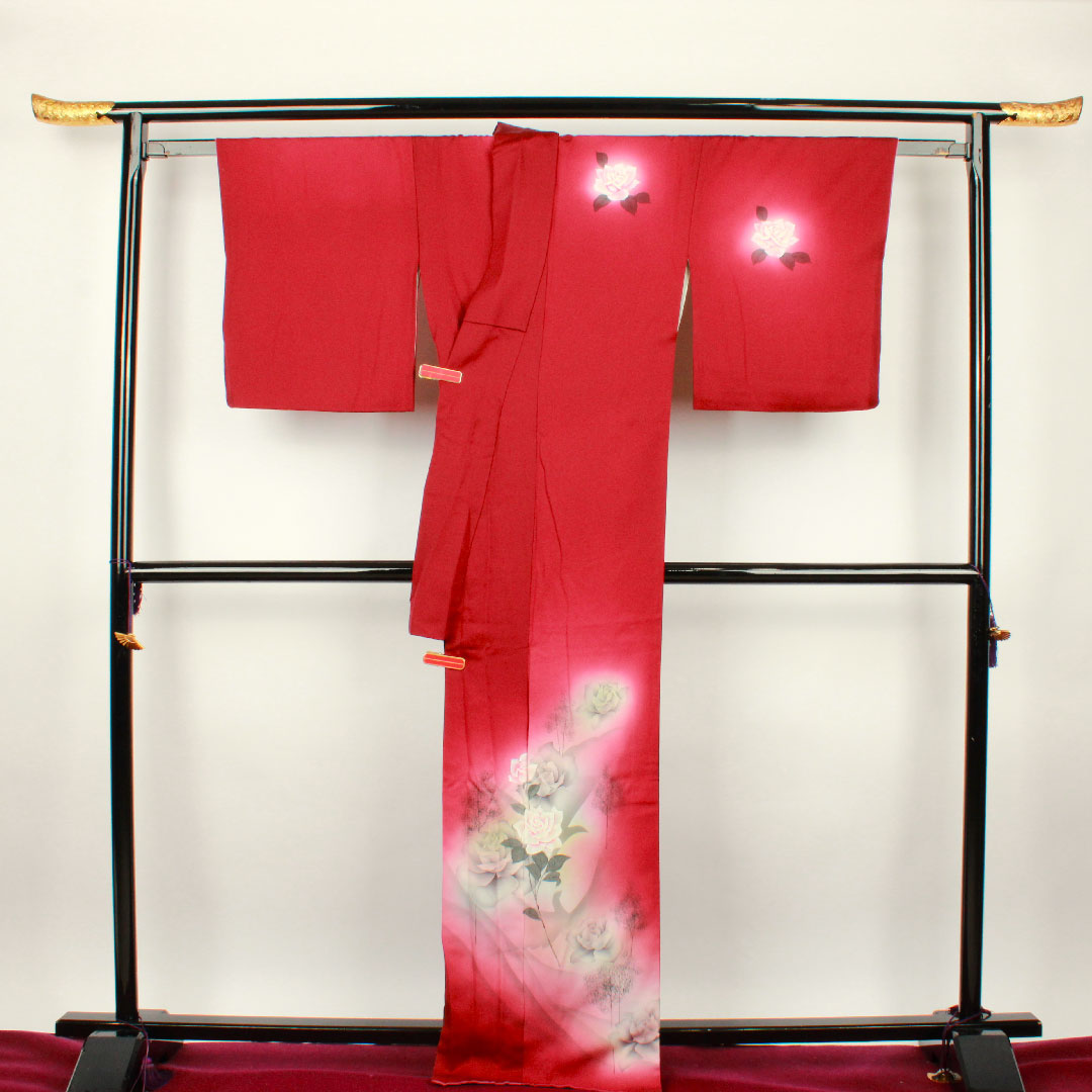 訪問着 袷 身丈170cm 裄丈69cm 葡萄色 手描き友禅 薔薇 正絹 Sランク 紫系 1112001702620