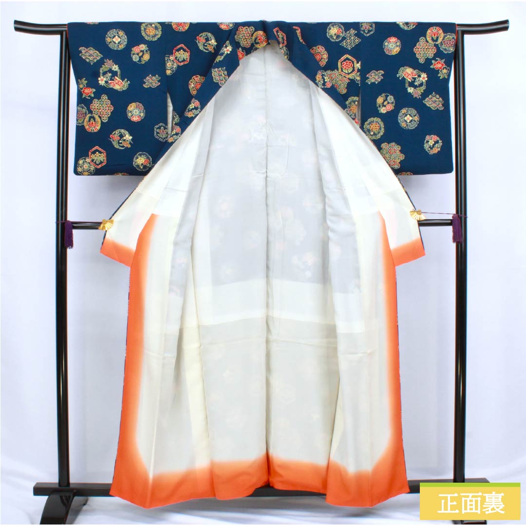 Komon (small pattern) silk, A-rank, length 157.5cm, sleeve length 63cm, lined, iron grape color, stencil dyeing, classic pattern, navy blue, 1115006543318