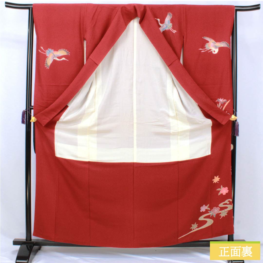 振袖 正絹 Sランク 身丈161.5cm 裄丈63.5cm 袷 生臙脂色（しょうえんじいろ） 京紅型 鶴 流水 桜 菖蒲 赤系 1113002372412