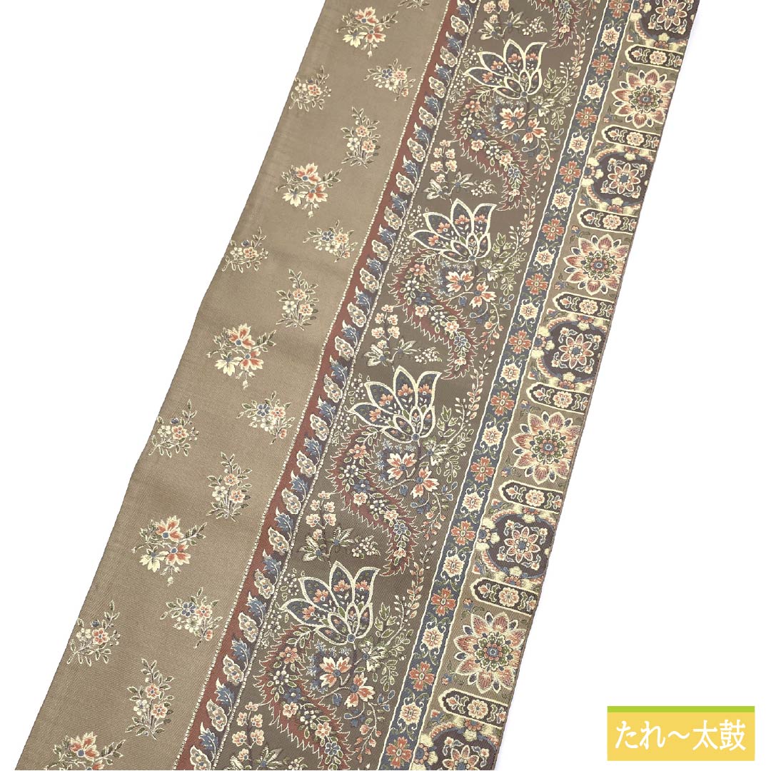 リサイクル着物】袋帯 正絹 古晒色（ふるざれいろ） 紹巴織 抽象花 帯
